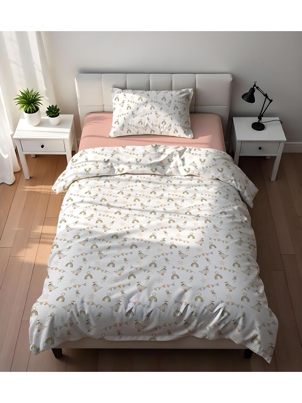 Karışık Minik Ördekler Desenli Çarşafsız 2'li Takım Baskılı  Nevresim Takımı 160x220 cm