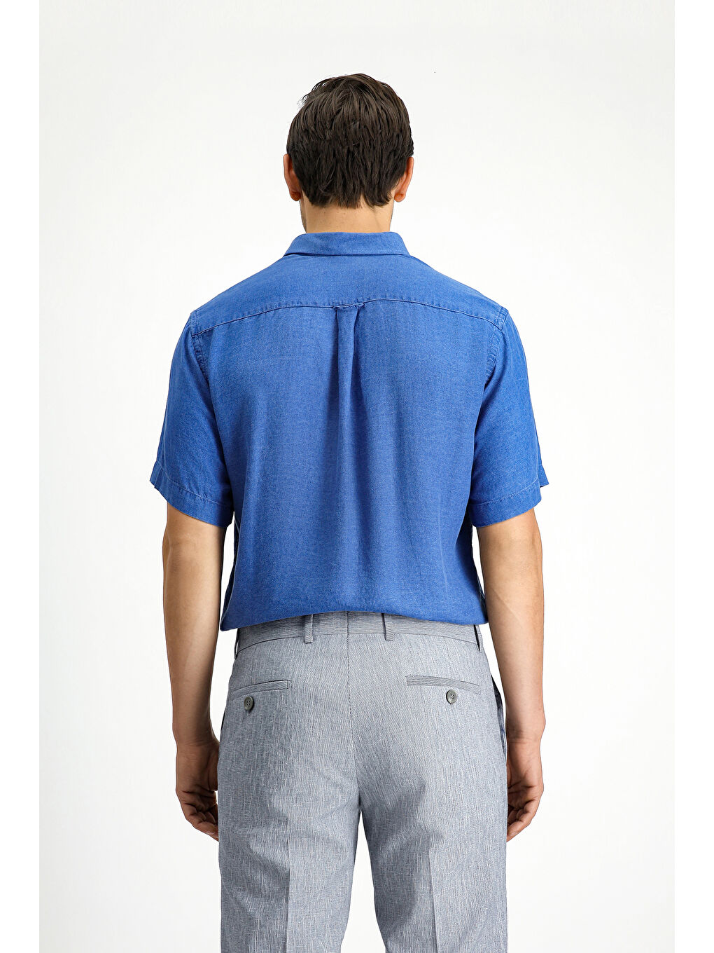 Lacivert Kısa Kol Regular Fit Spor Düğmeli Yaka Denim Görünümlü Gömlek-4