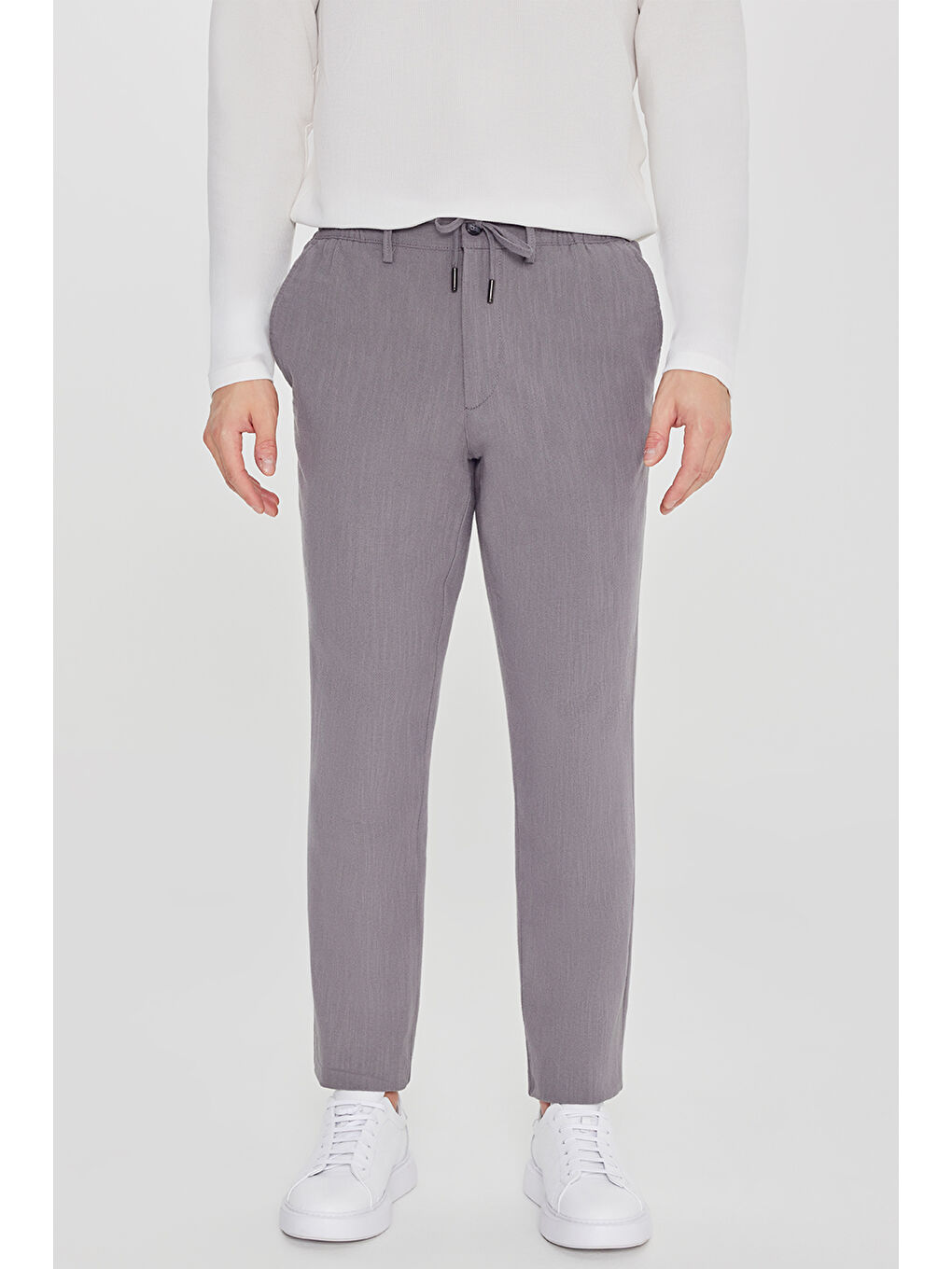 Gri Erkek Füme Keten Slim Fit Beli Bağlamalı Yan Cepli Casual Pantolon