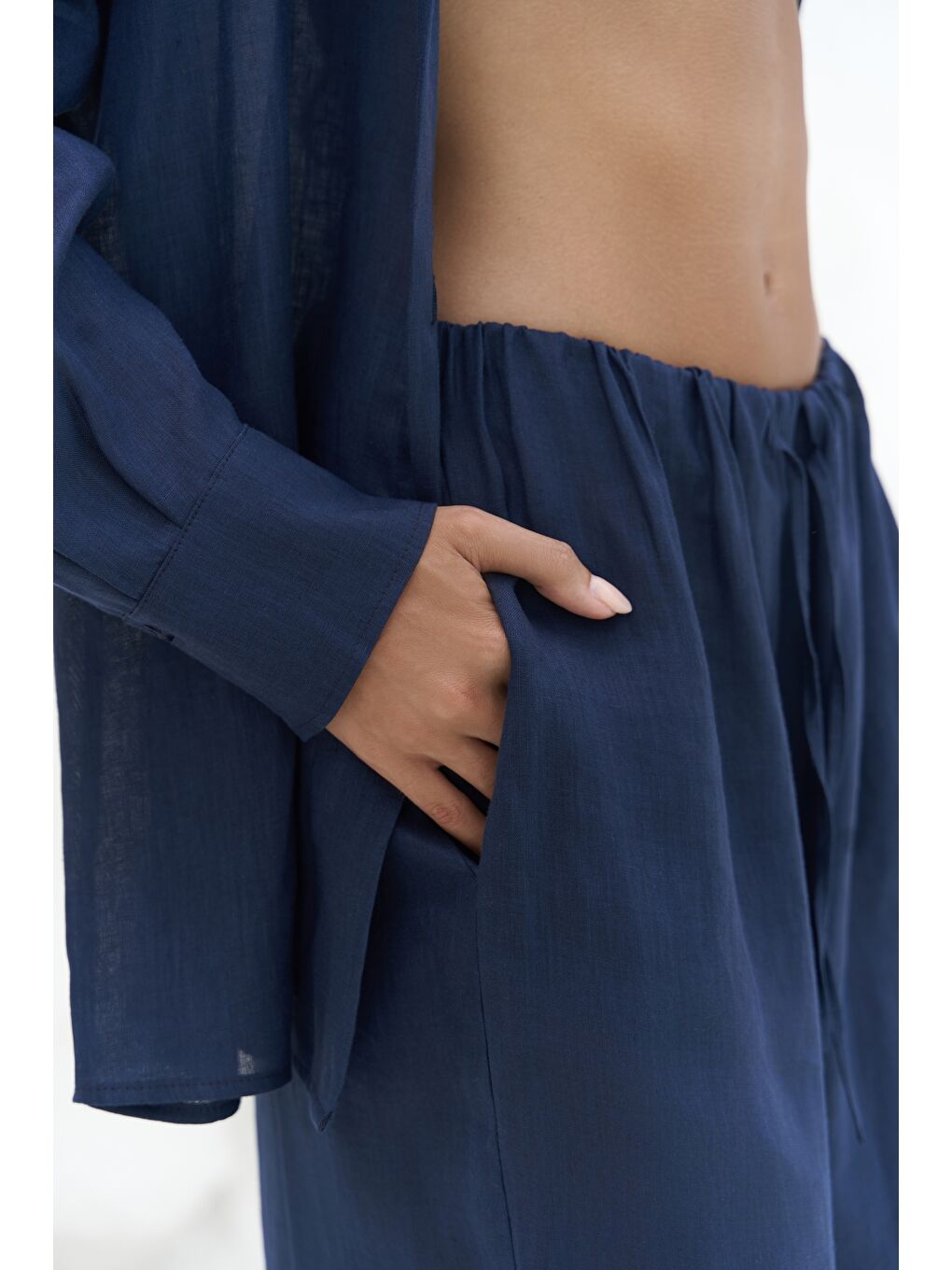Jelsomina Oversize Lacivert Keten Gömlek Pantolon Takım-2