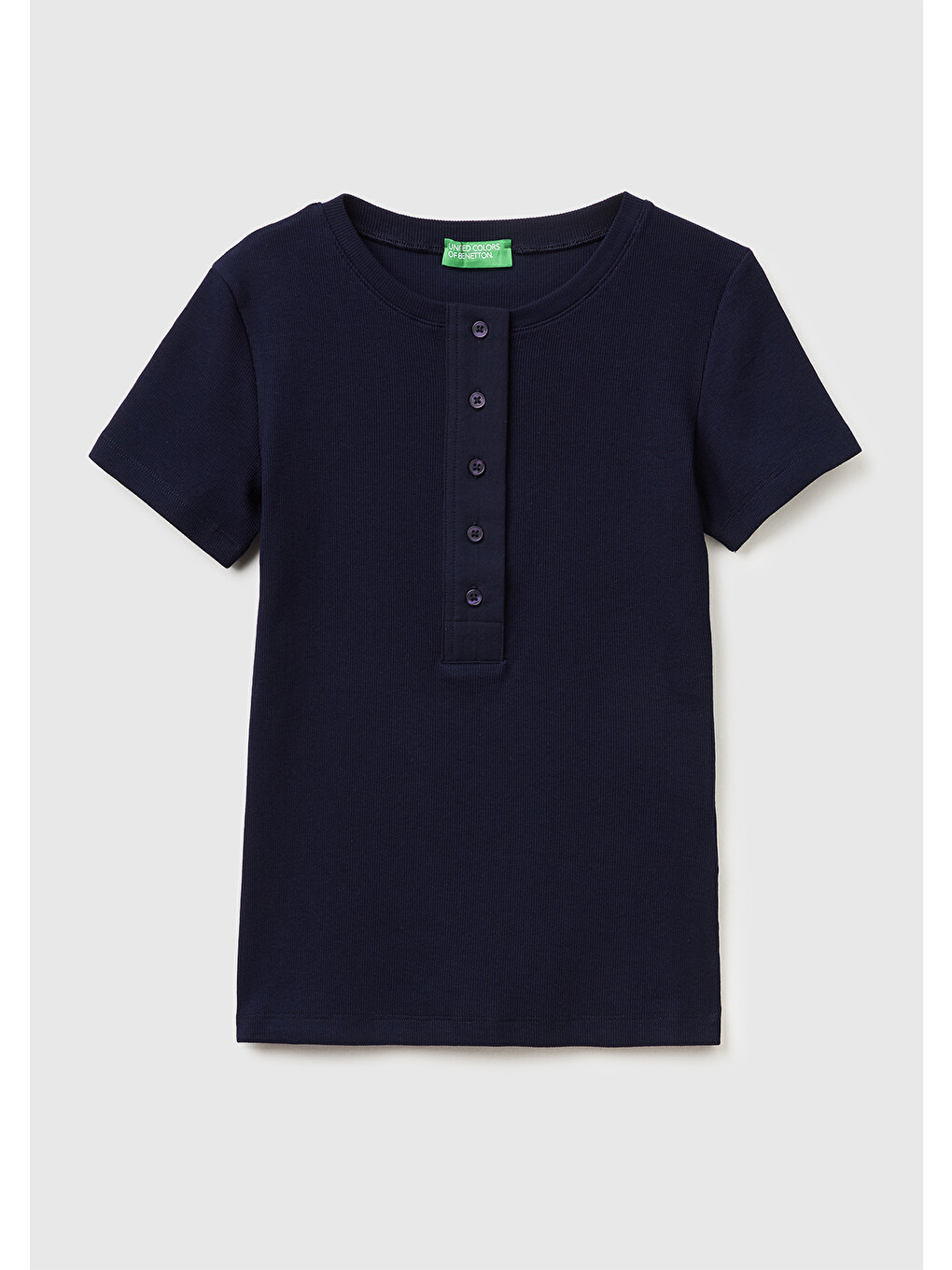 Kadın Lacivert Pamuk Karışımlı Önü Düğme Detaylı Yuvarlak Yaka T-shirt