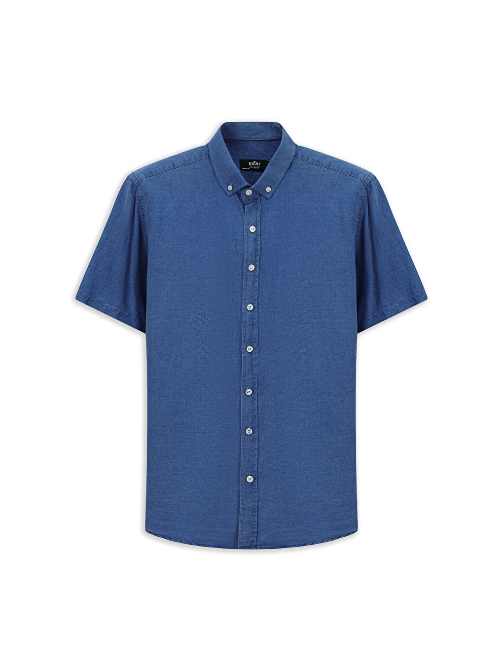 Lacivert Kısa Kol Regular Fit Spor Düğmeli Yaka Denim Görünümlü Gömlek-6