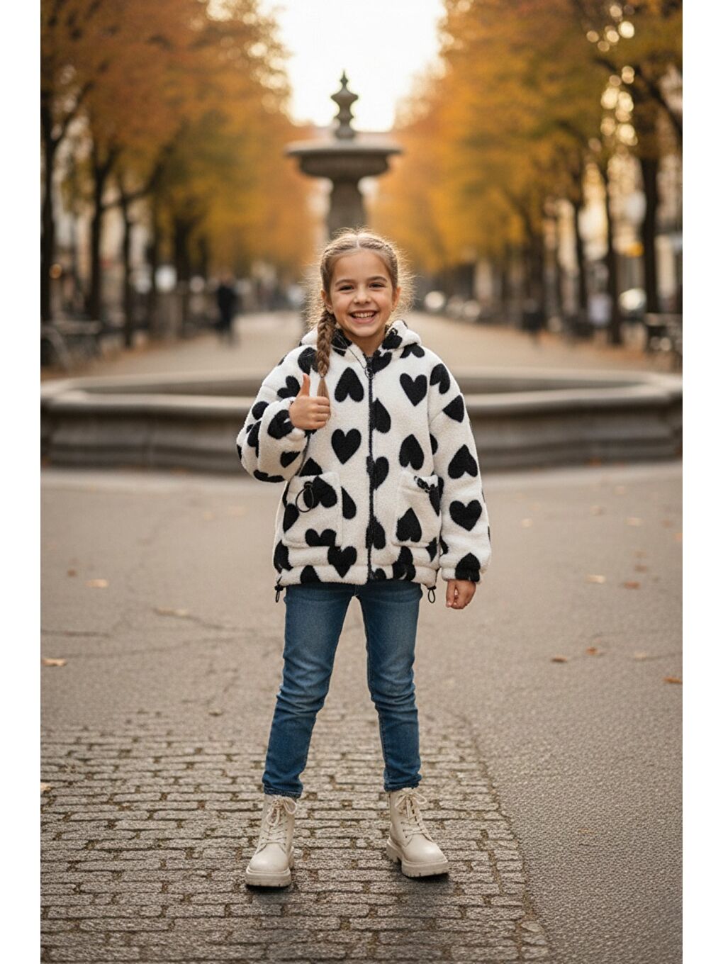 Beyaz Kalp Desenli Kapüşonlu Stoperli Kız Çocuk Pelüş Mont