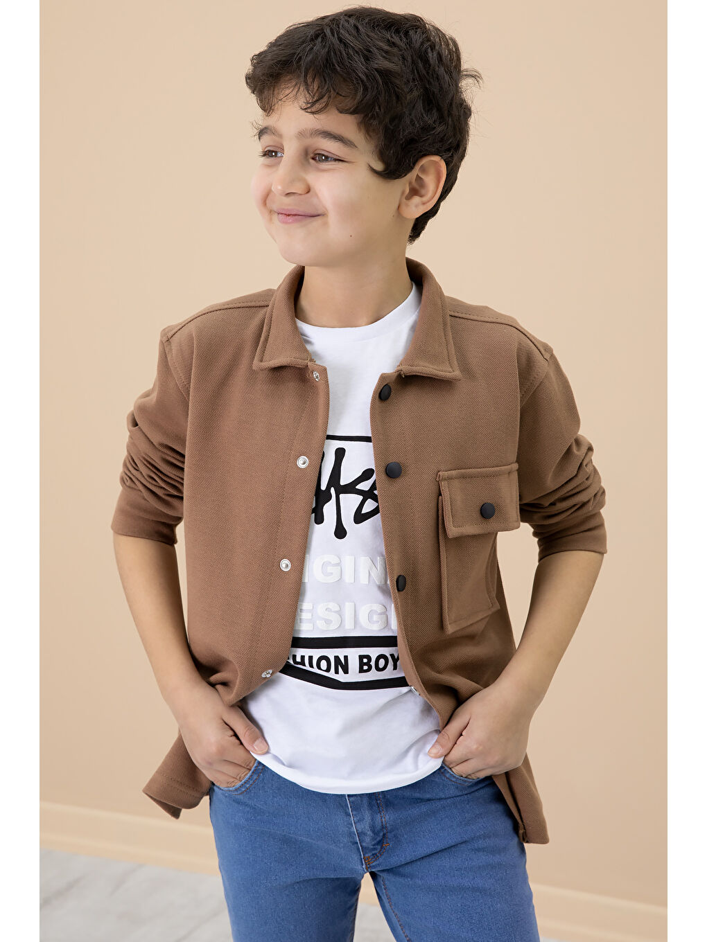 Kahverengi Yazı Baskılı Tişörtlü Gömlekli Erkek Çocuk Takım 20006