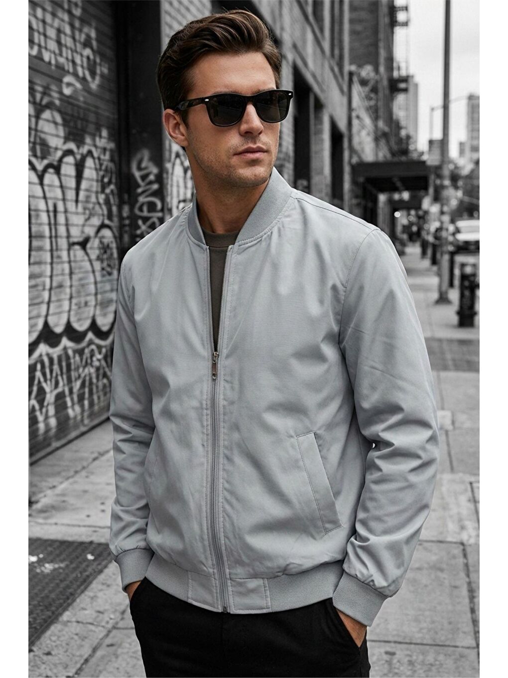 Gri Guezy Astarlı Kolej Yaka Slim Fit Mevsimlik Erkek Bomber Ceket Mont - Su İtici Kumaş