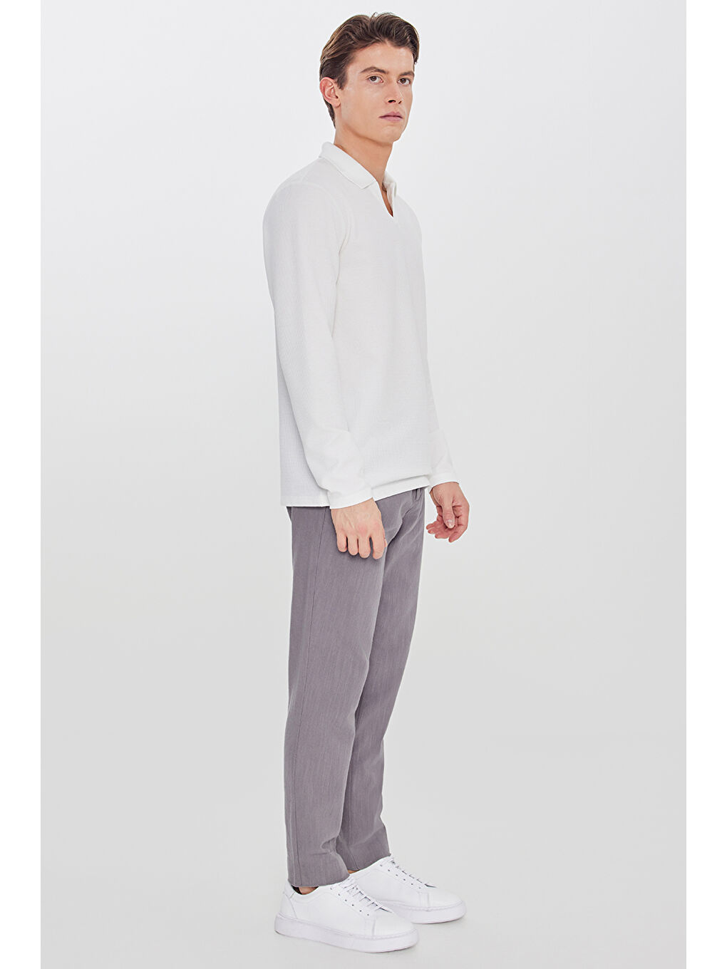 Gri Erkek Füme Keten Slim Fit Beli Bağlamalı Yan Cepli Casual Pantolon-2