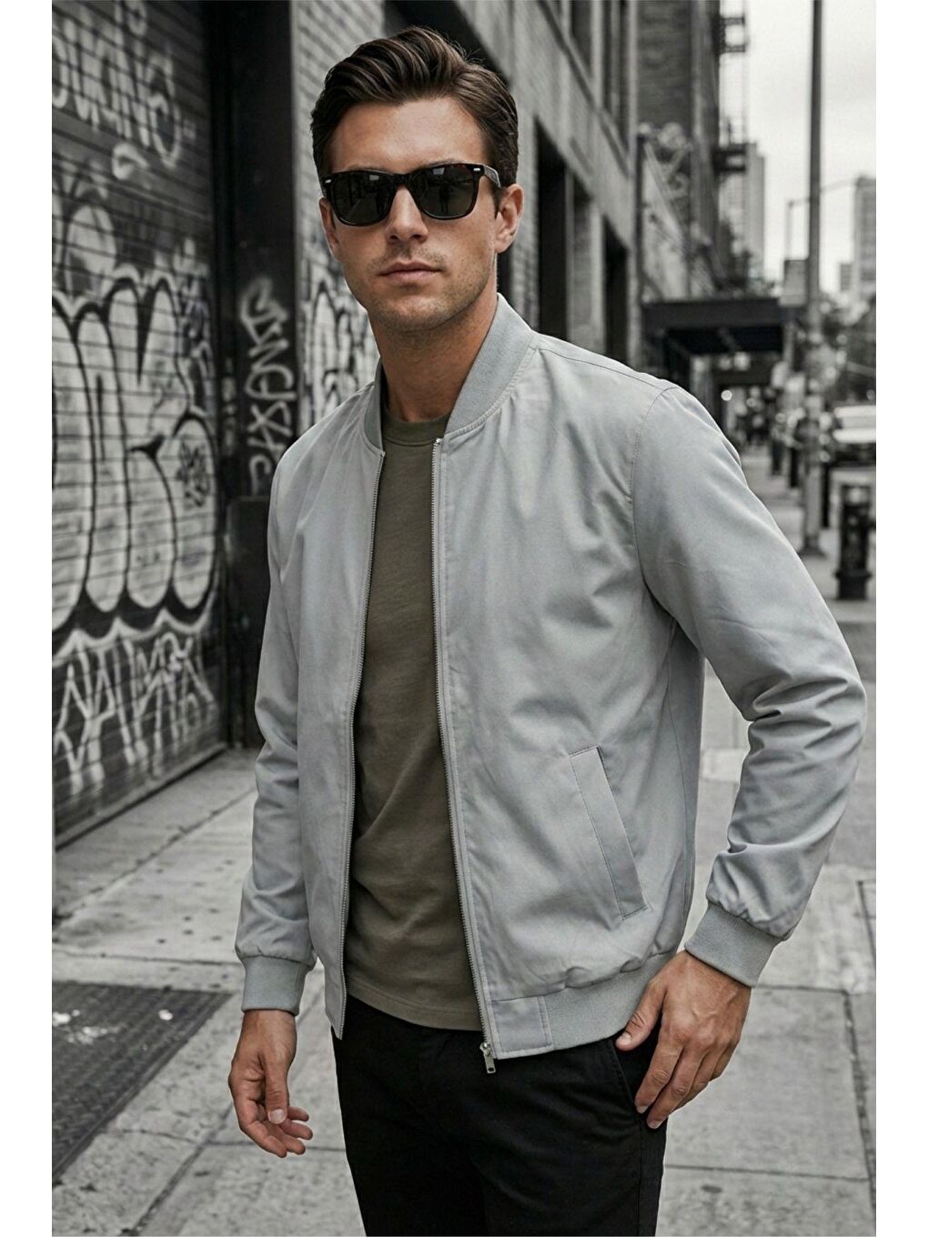 Gri Guezy Astarlı Kolej Yaka Slim Fit Mevsimlik Erkek Bomber Ceket Mont - Su İtici Kumaş-1