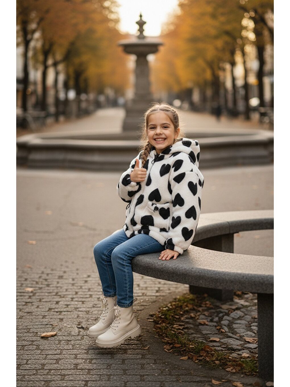 Beyaz Kalp Desenli Kapüşonlu Stoperli Kız Çocuk Pelüş Mont-2