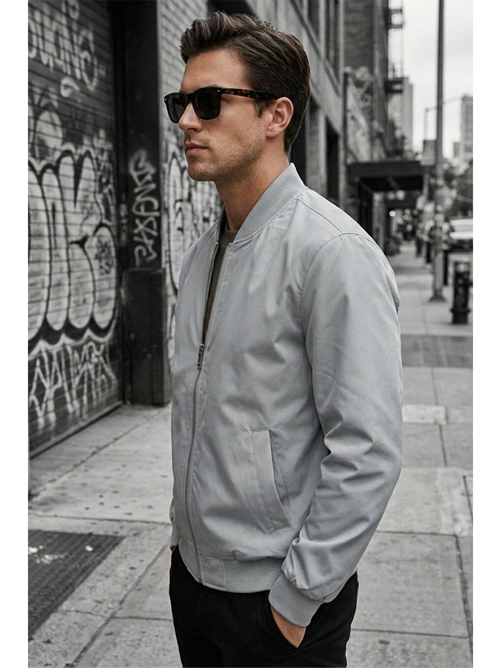 Gri Guezy Astarlı Kolej Yaka Slim Fit Mevsimlik Erkek Bomber Ceket Mont - Su İtici Kumaş-3