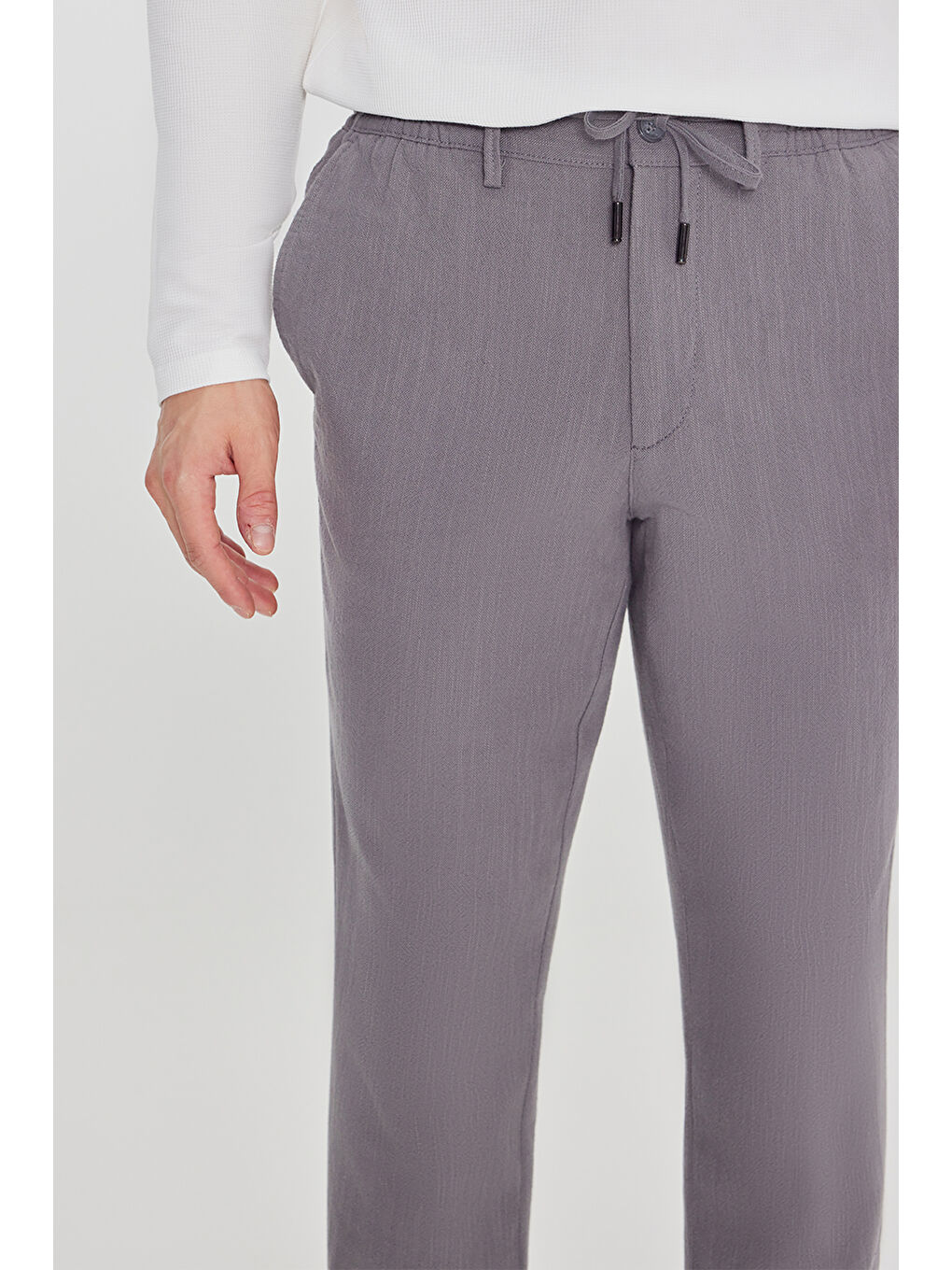 Gri Erkek Füme Keten Slim Fit Beli Bağlamalı Yan Cepli Casual Pantolon-3