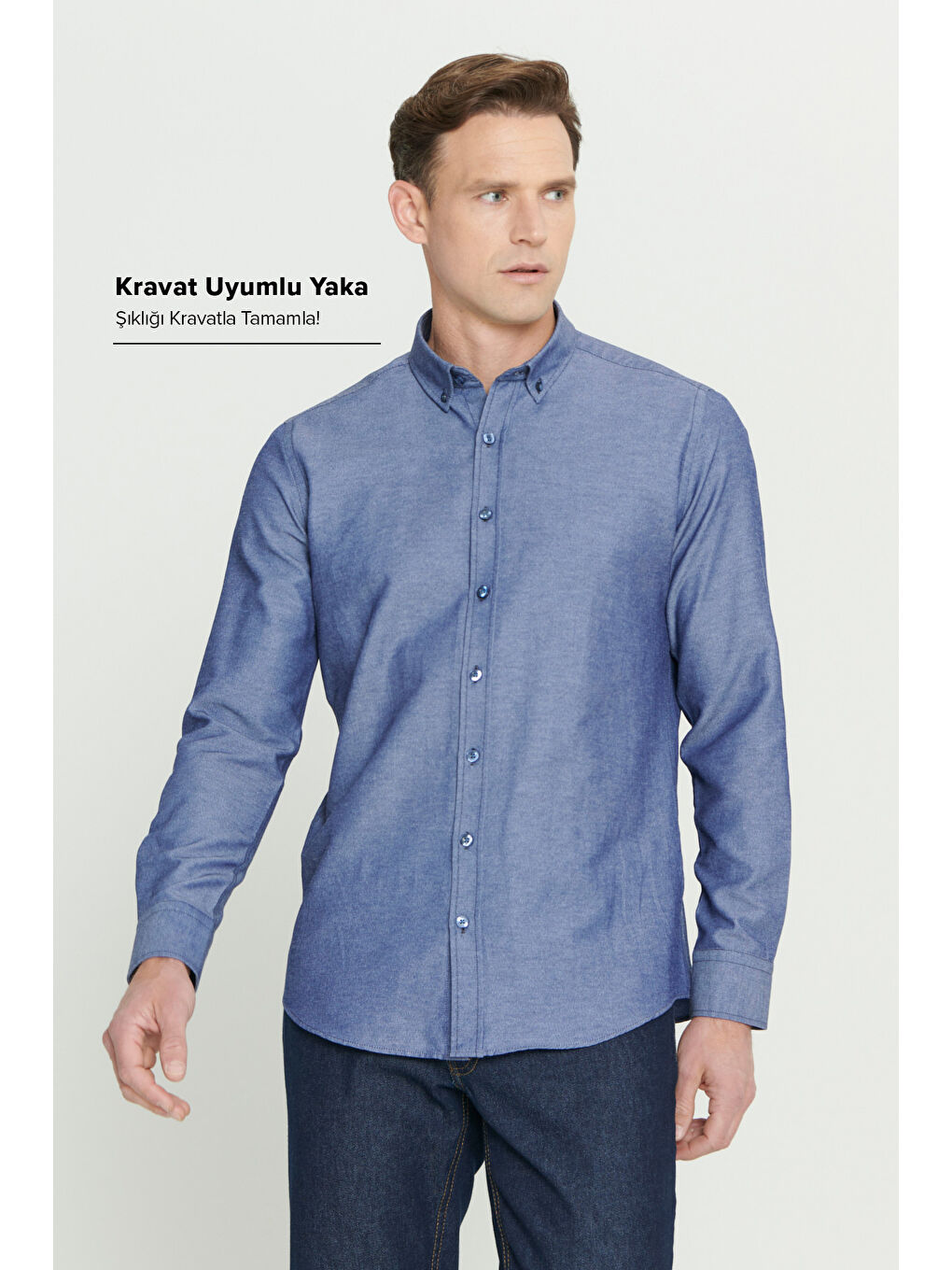 Erkek Lacivert Tailored Slim Fit Dar Kesim Düğmeli Yaka Oxford Gömlek