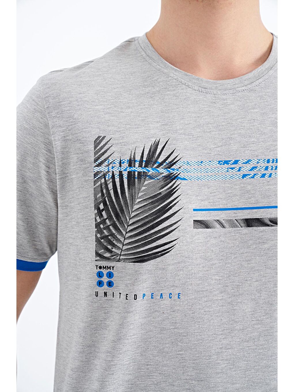 Gri Melanj Yazı Desen Baskılı O Yaka Standart Kalıp Erkek Tişört - 88183-1