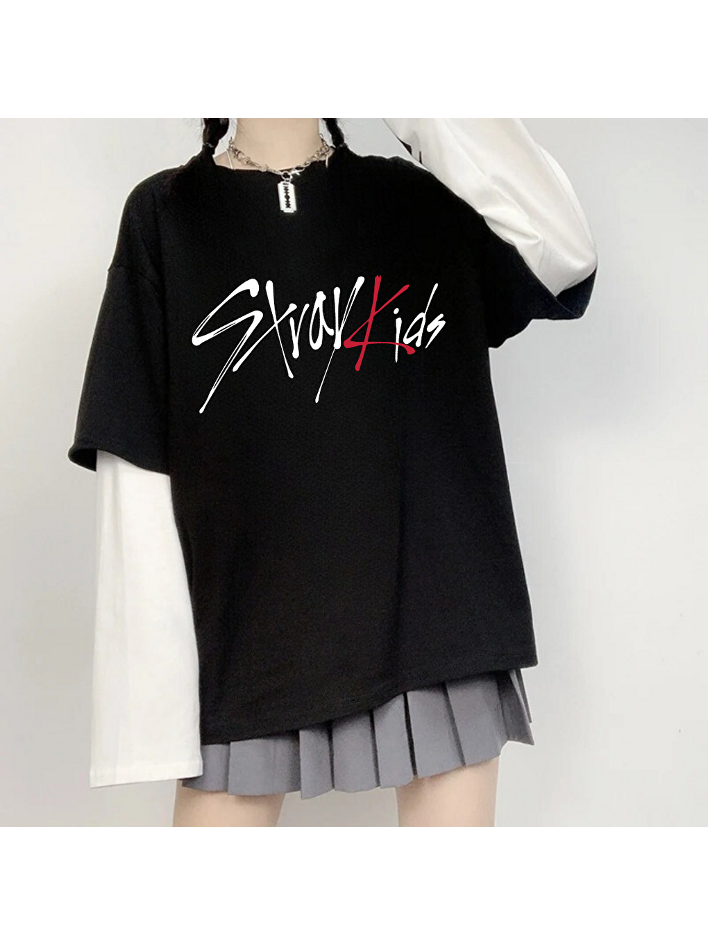 Siyah Stray Kids Unisex Oversize Fake Kollu Beyaz T-Shirt