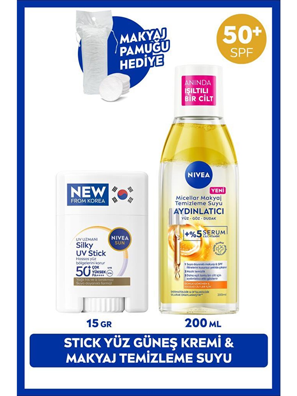 Sun Spf50 Güneş Koruyucu Stick Yüz Kremi Ve Aydınlatıcı Makyaj Temizleme Suyu 200ml, Pamuk Hediye