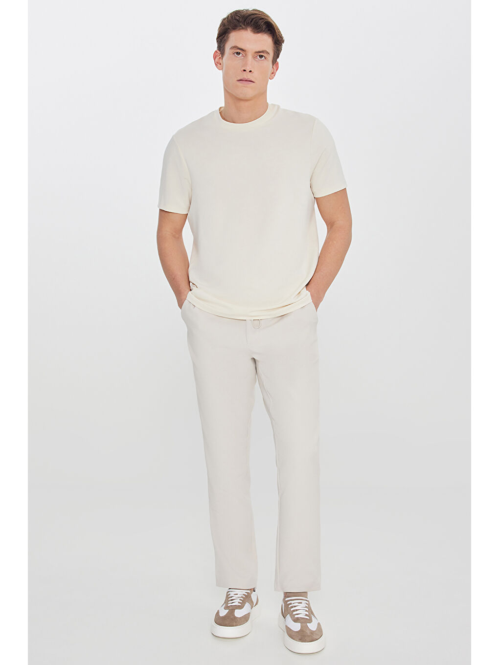 Bej Erkek Taş Slim Fit Dar Kesim Beli Bağlamalı Yan Cepli Casual Pantolon