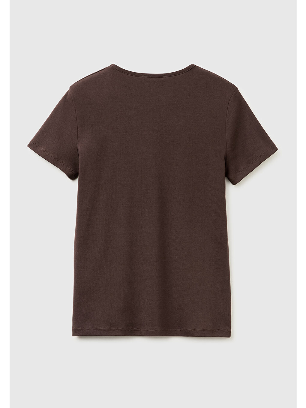 Kadın Kahverengi %100 Pamuk Geniş V Yaka T-Shirt-1