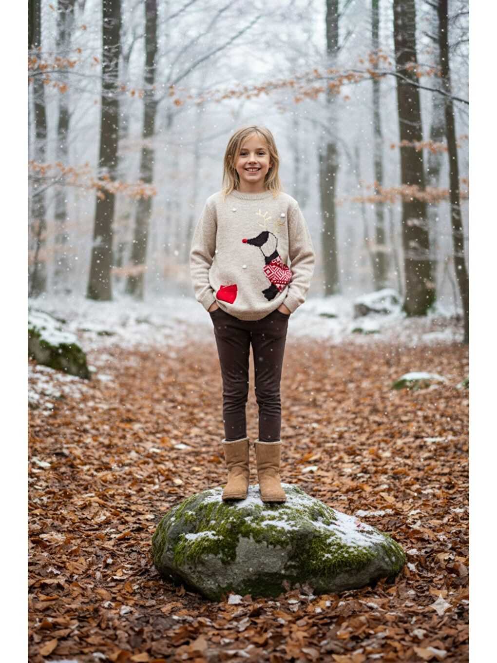 Bej Geyik Desenli Kız Çocuk Triko Kazak-1