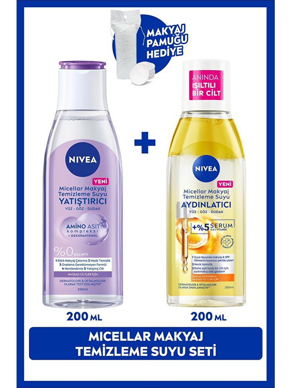 Aydınlatıcı Ve Yatıştırıcı Micellar Makyaj Temizleme Suyu Seti 200ml+200ml Pamuk Hediye, Hassas Cilt