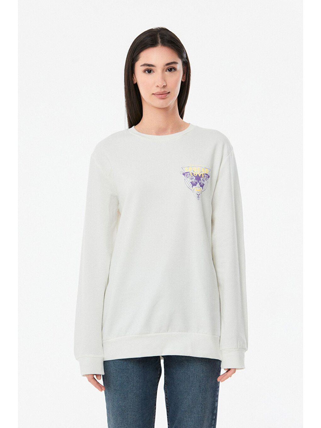 Ekru Baskılı Bisiklet Yaka Kız Çocuk Sweatshirt