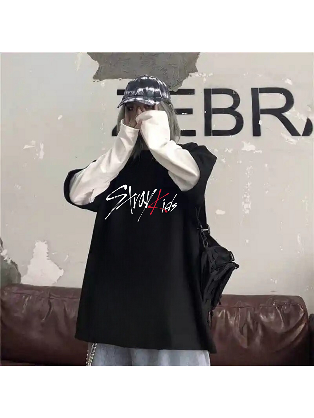 Siyah Stray Kids Unisex Oversize Fake Kollu Beyaz T-Shirt-1