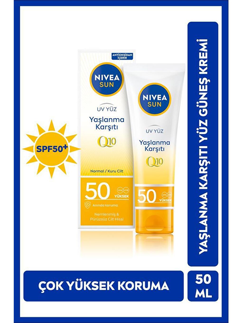 NIVEA Şeffaf Sun Spf50+ Yaşlanma & Leke Karşıtı Q10 Yüz Güneş Kremi 50 ml, Çok Y