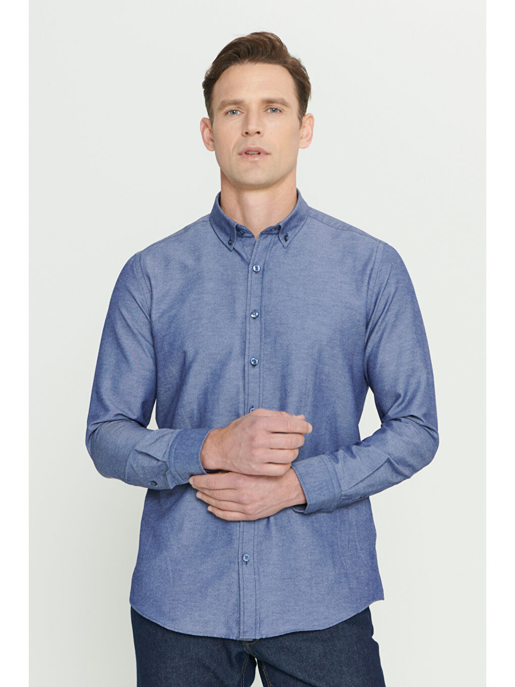 Erkek Lacivert Tailored Slim Fit Dar Kesim Düğmeli Yaka Oxford Gömlek-2