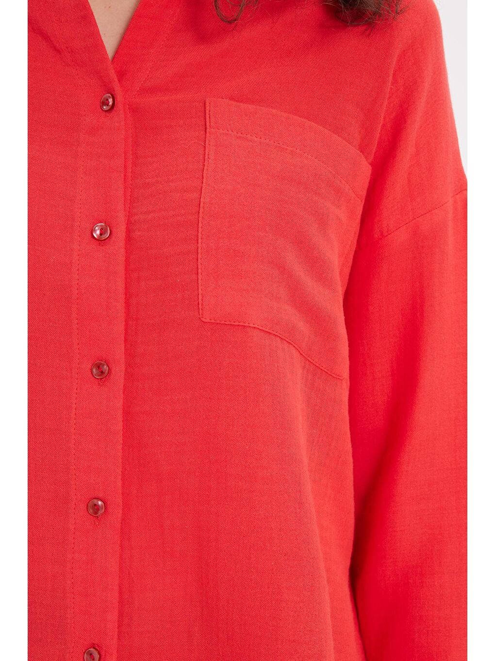 Karışık Kadın Oversize Geniş Kesim %100 Pamuk Müslin Kumaş Uzun Kollu Cepli Dokulu Nar Rengi Gömlek-2