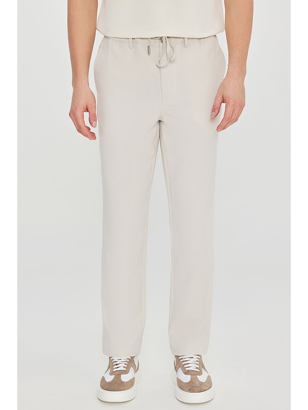 Bej Erkek Taş Slim Fit Dar Kesim Beli Bağlamalı Yan Cepli Casual Pantolon-1