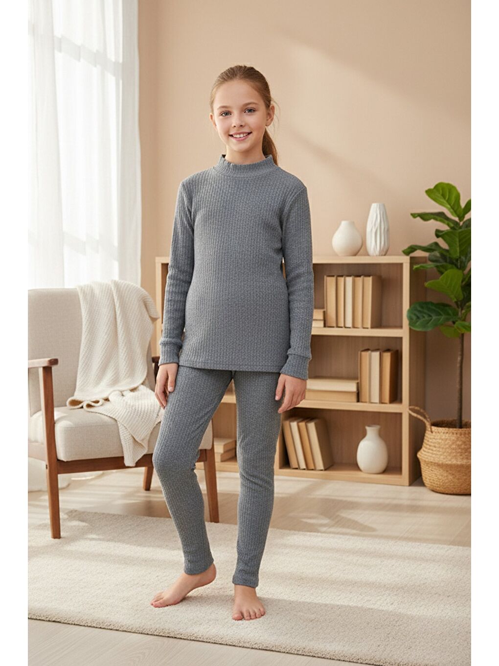 Gri Fitilli Elastanlı Yarım Balıkçı Yaka Kız Çocuk Taytlı Takım-1