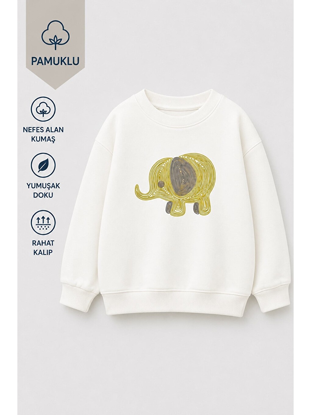 Ekru Unisex Çocuk 3 İplik Kumaş Pamuklu Fil Baskılı Sweatshirt-2