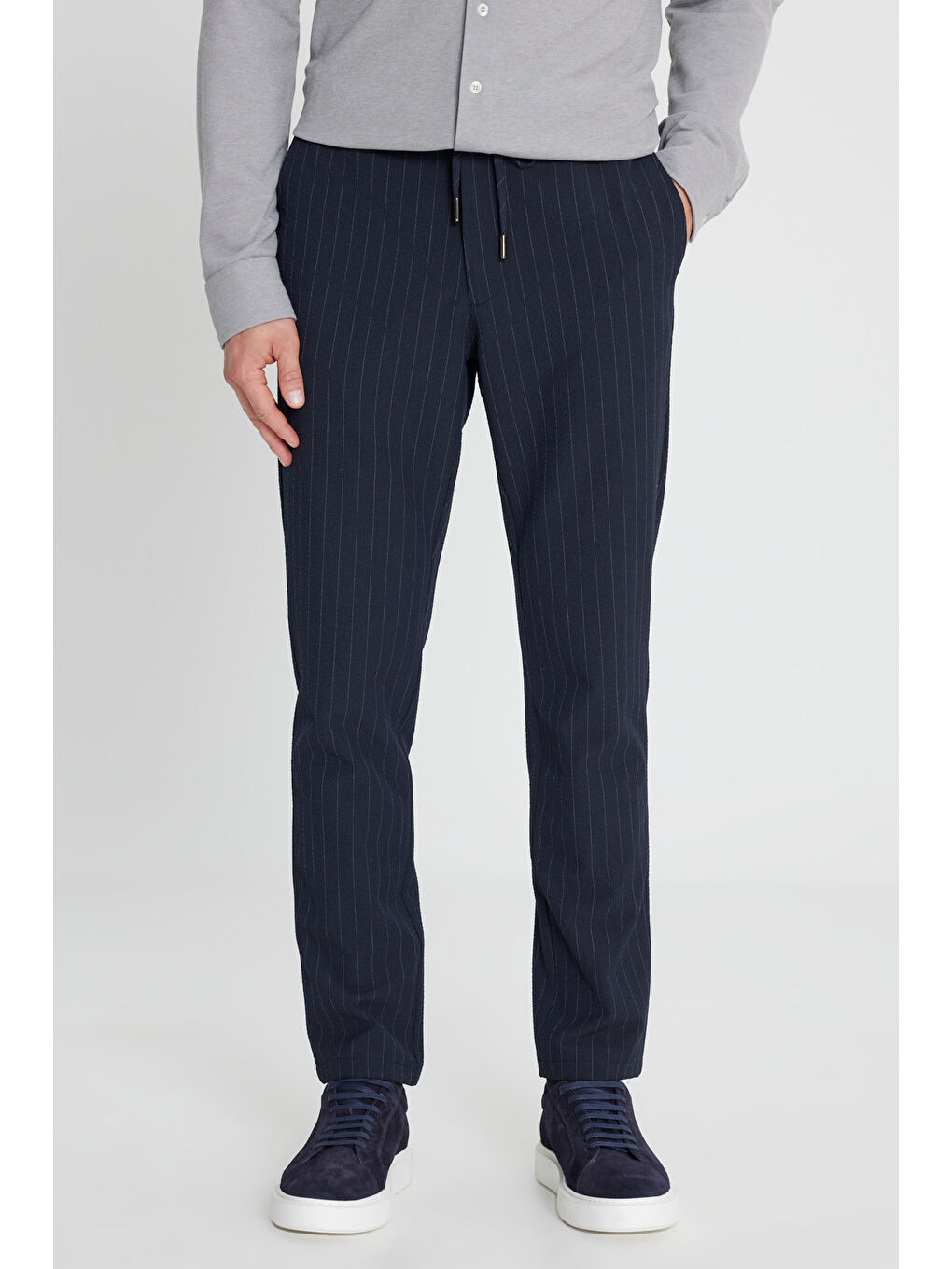 Erkek Lacivert Yumuşak Dokulu Slim Fit Beli Bağlamalı Yan Cepli Gofre Desenli Pantolon