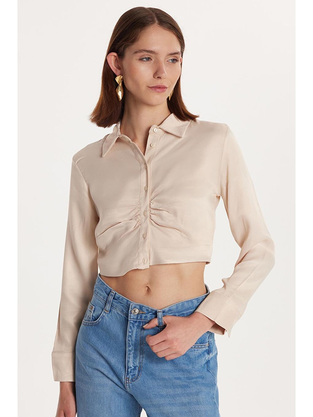 Bej Kadın Slim Fit Dar Kesim Uzun Kollu  Klasik Yaka Taş Rengi Gömlek