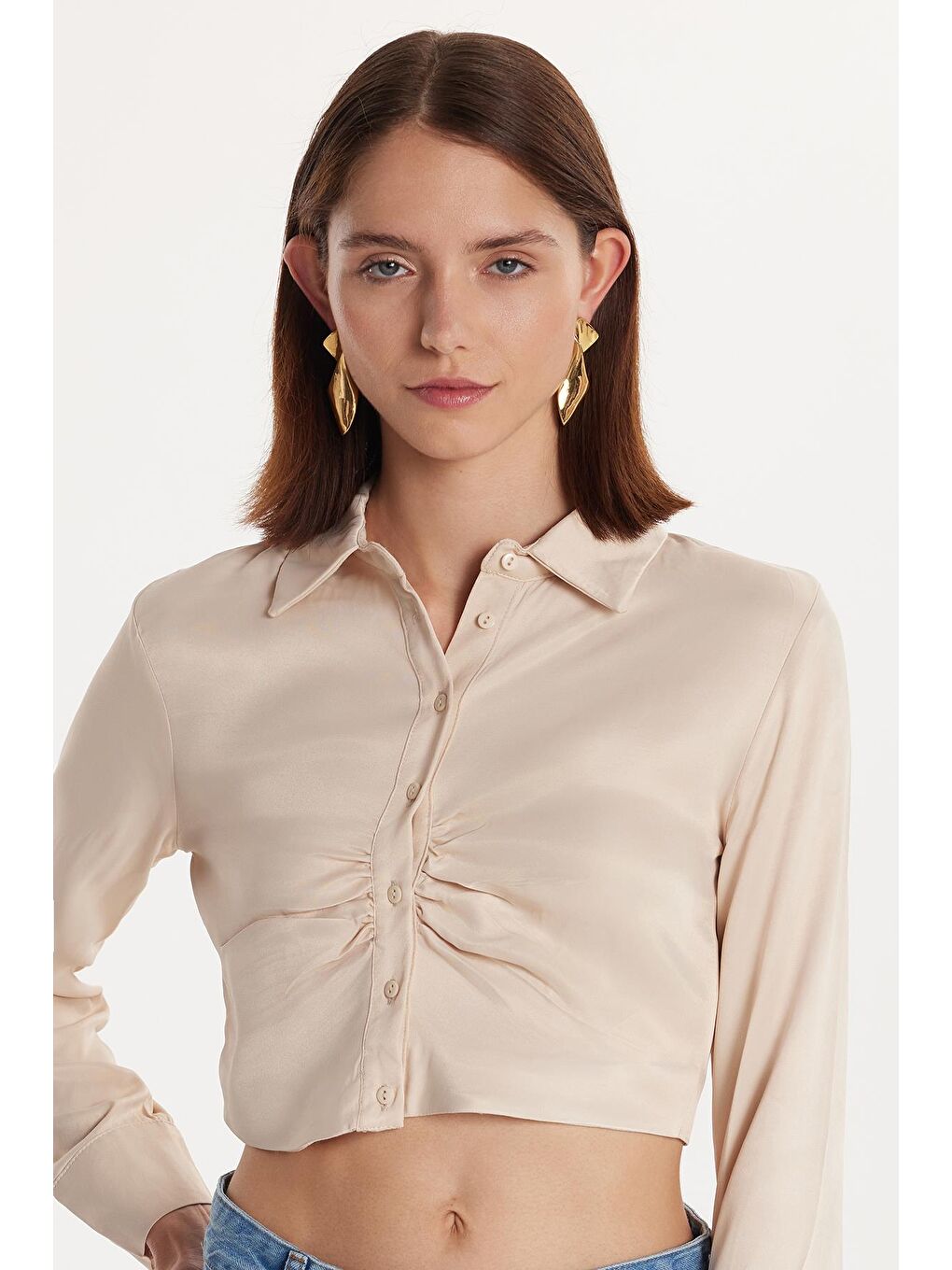 Bej Kadın Slim Fit Dar Kesim Uzun Kollu  Klasik Yaka Taş Rengi Gömlek-1