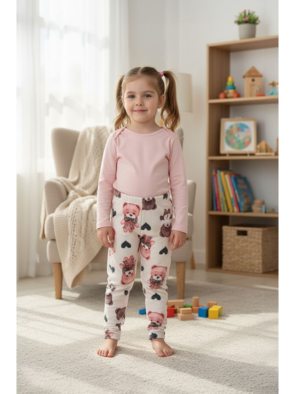 Bej Yazı Desenli Beli Lastikli Kız Çocuk Polar Pijama Altı