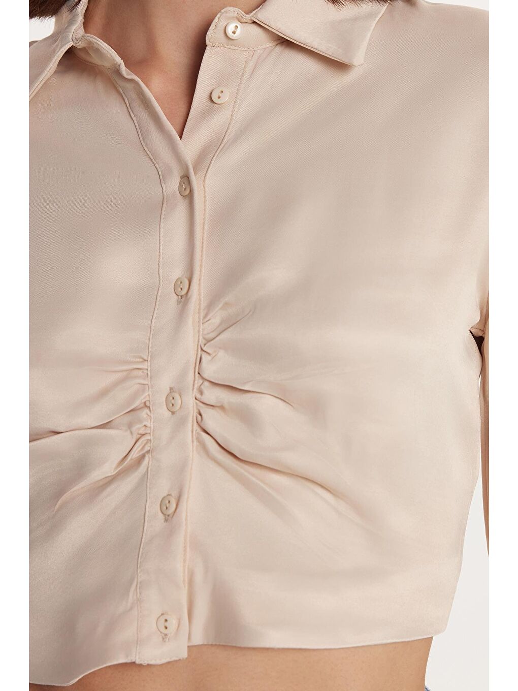 Bej Kadın Slim Fit Dar Kesim Uzun Kollu  Klasik Yaka Taş Rengi Gömlek-2