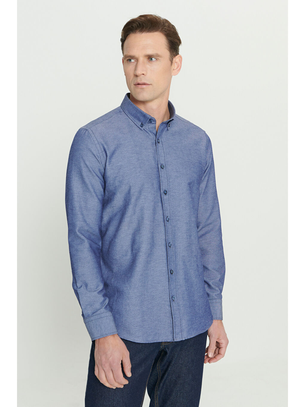 Erkek Lacivert Tailored Slim Fit Dar Kesim Düğmeli Yaka Oxford Gömlek-3