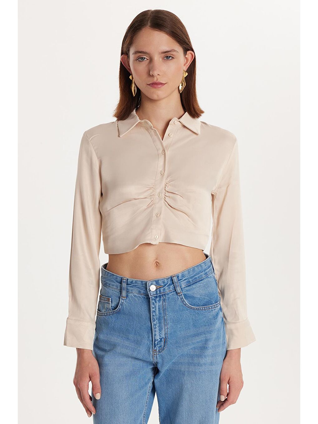 Bej Kadın Slim Fit Dar Kesim Uzun Kollu  Klasik Yaka Taş Rengi Gömlek-3