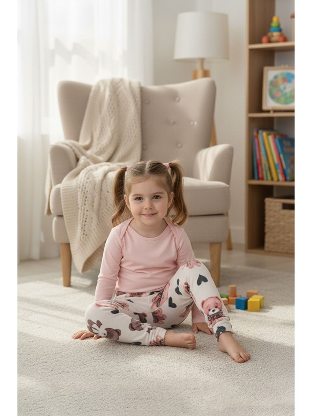 Bej Yazı Desenli Beli Lastikli Kız Çocuk Polar Pijama Altı-1