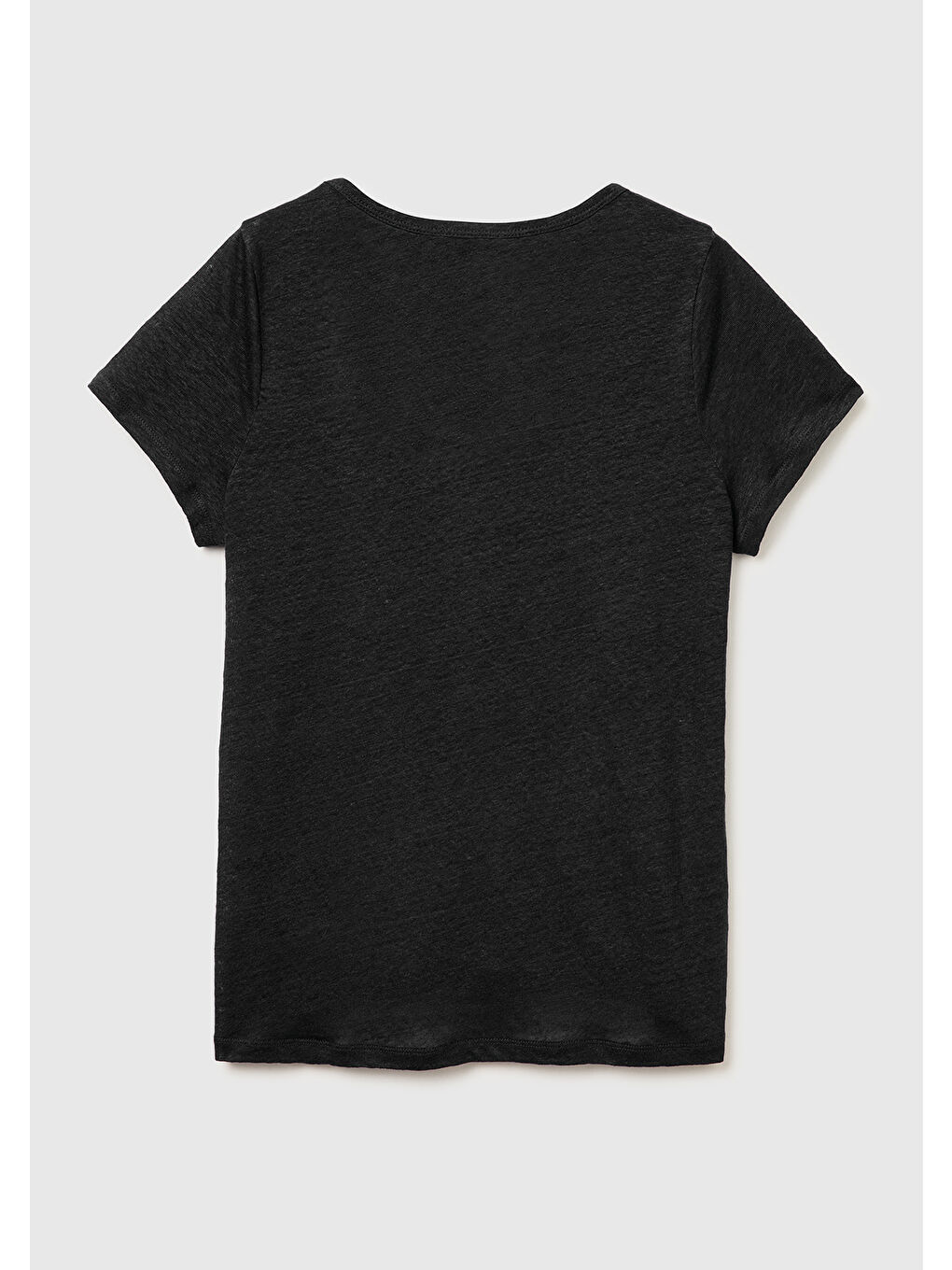 Kadın Siyah %100 Keten Geniş Yaka Kısa Kollu T-Shirt-1