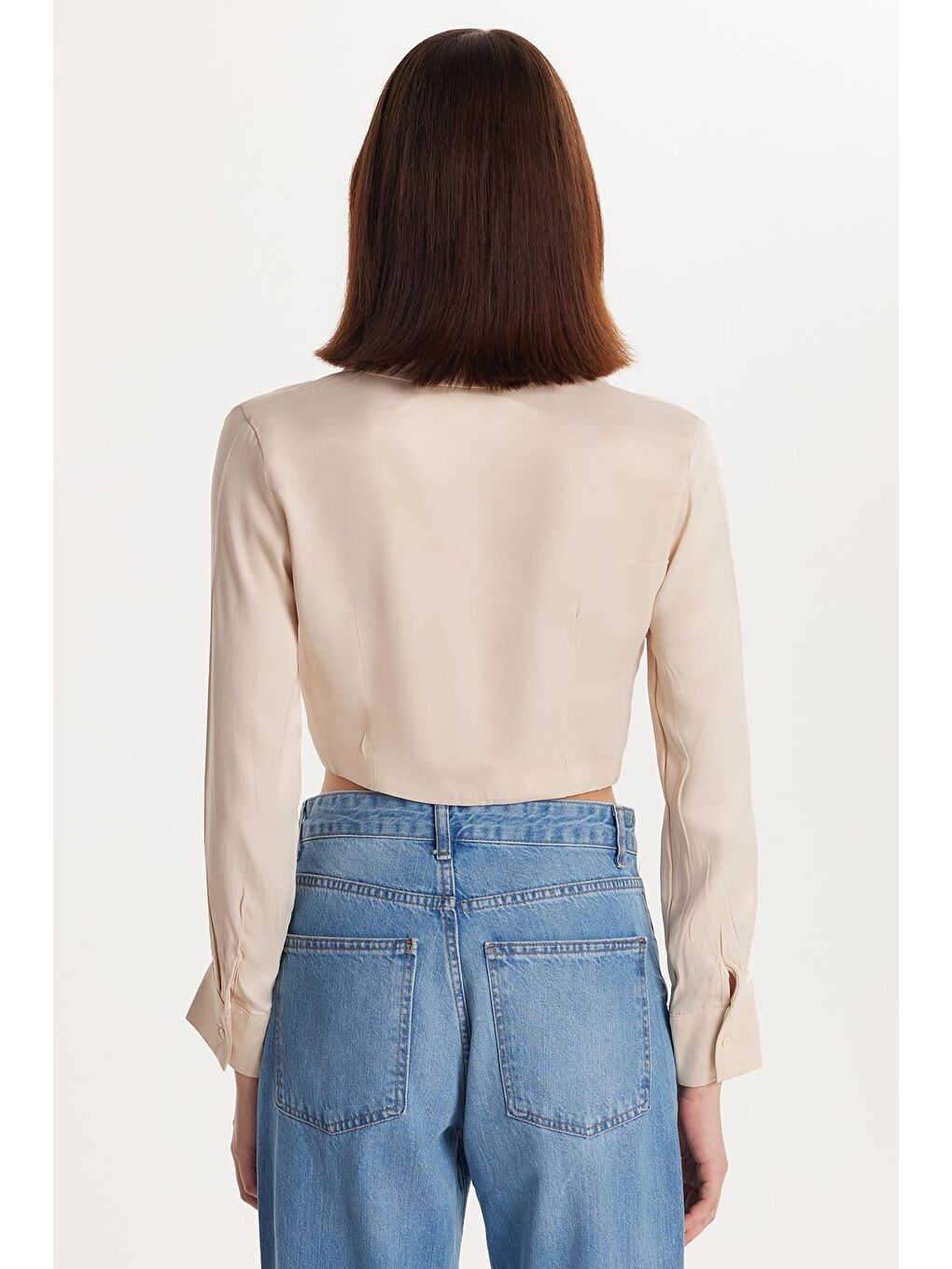 Bej Kadın Slim Fit Dar Kesim Uzun Kollu  Klasik Yaka Taş Rengi Gömlek-4