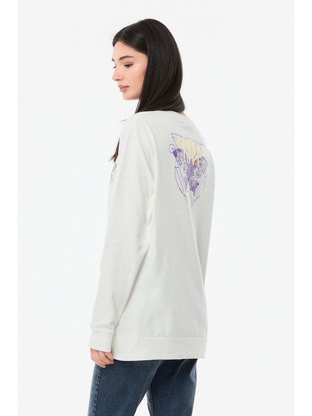 Ekru Baskılı Bisiklet Yaka Kız Çocuk Sweatshirt-2