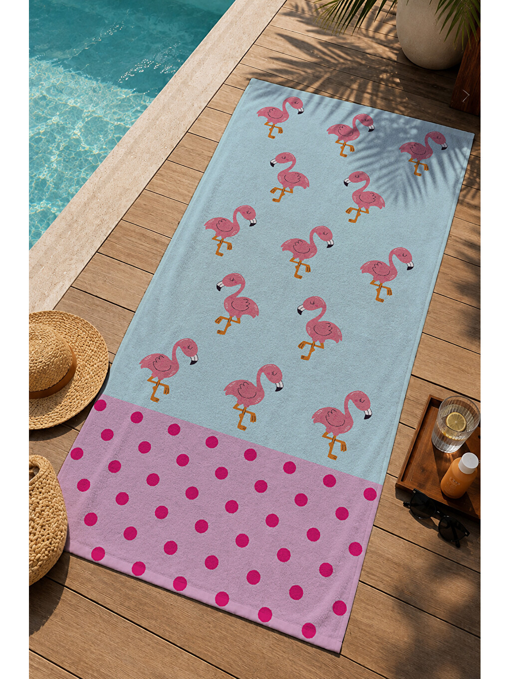 Açık Mavi Pembe Flamingo Ve Puantiye Desenli 70x150 Cm Dijital Baskılı Plaj Ve Banyo Havlusu-2
