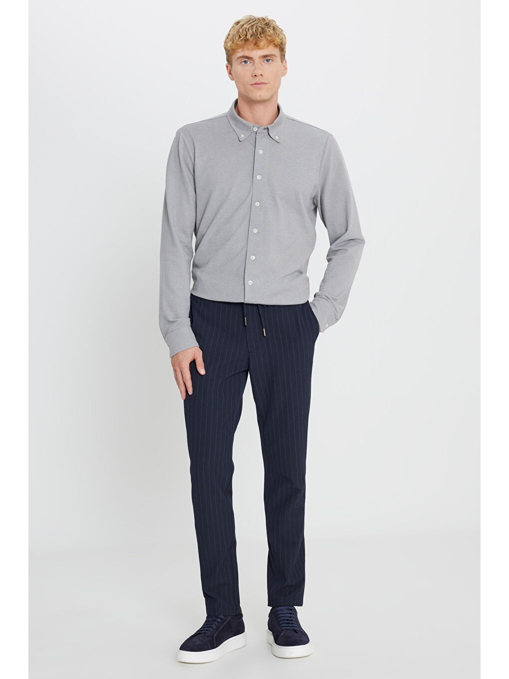 Erkek Lacivert Yumuşak Dokulu Slim Fit Beli Bağlamalı Yan Cepli Gofre Desenli Pantolon-1