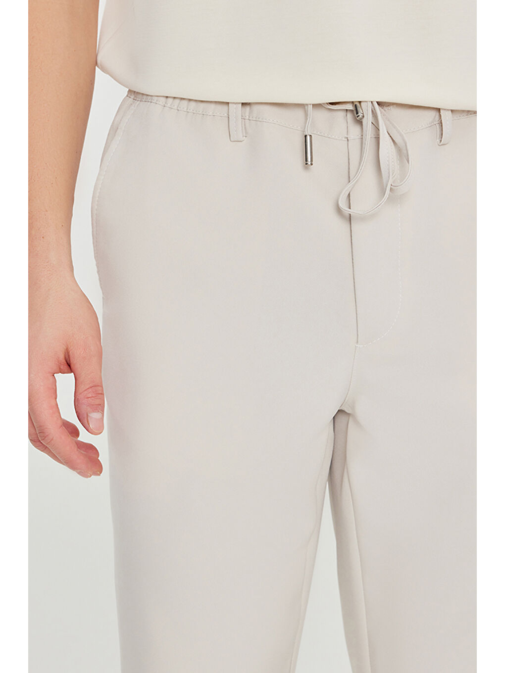 Bej Erkek Taş Slim Fit Dar Kesim Beli Bağlamalı Yan Cepli Casual Pantolon-3