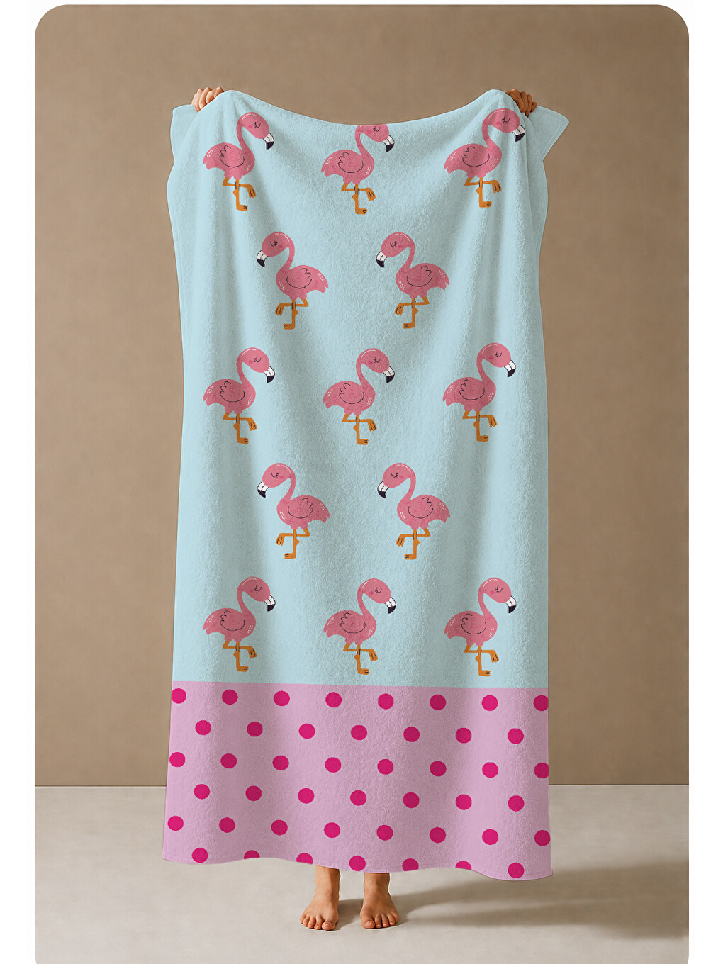 Açık Mavi Pembe Flamingo Ve Puantiye Desenli 70x150 Cm Dijital Baskılı Plaj Ve Banyo Havlusu-3