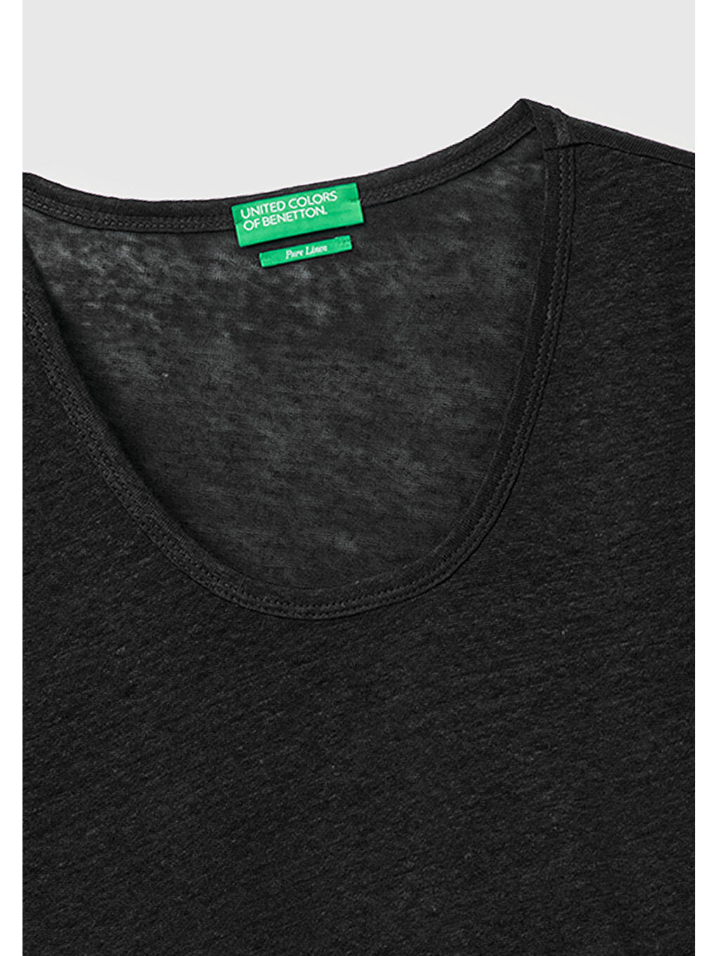Kadın Siyah %100 Keten Geniş Yaka Kısa Kollu T-Shirt-2