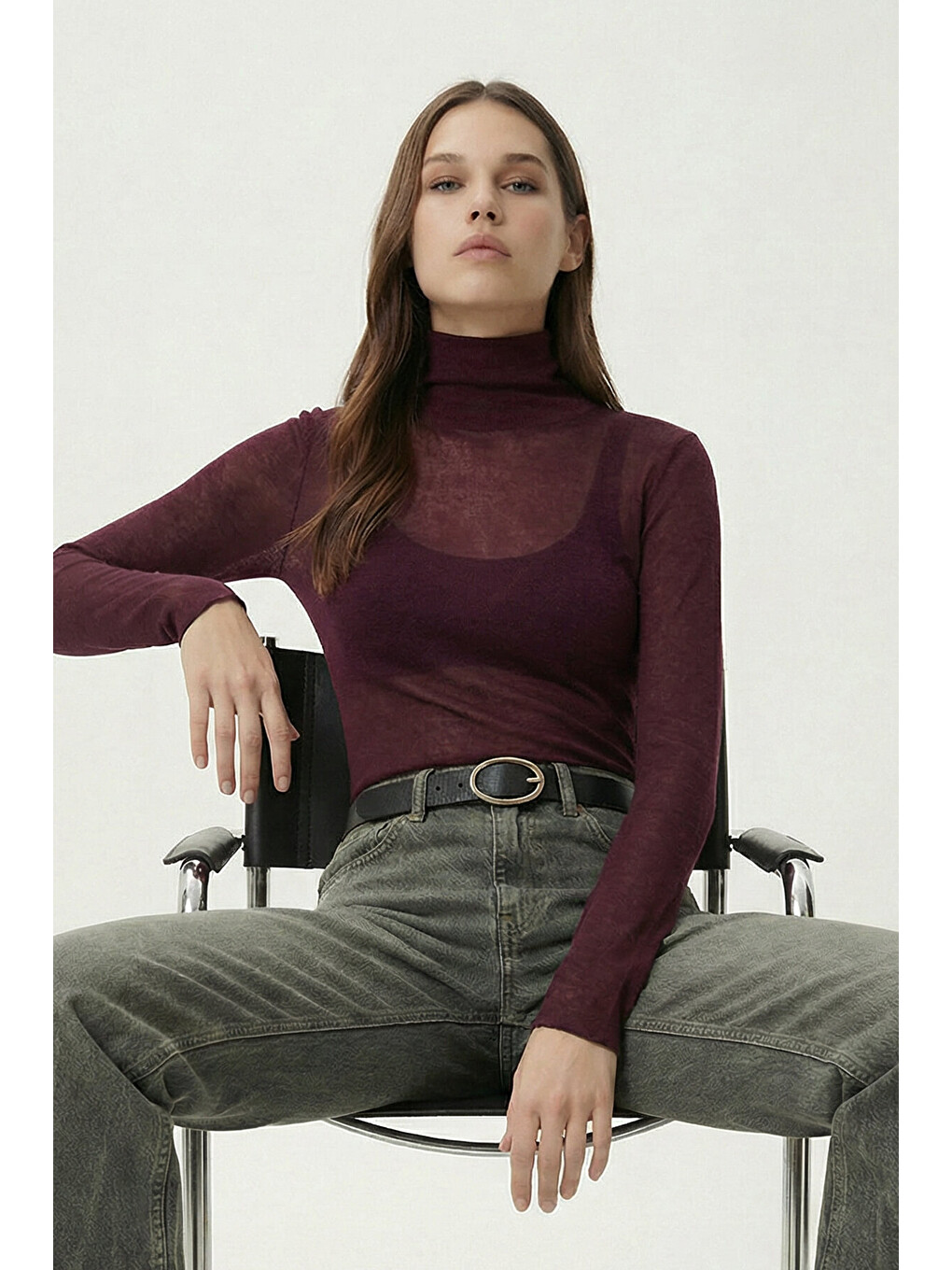 Bordo Dik Yaka Transparan Örme Bluz BORDO LZV0046