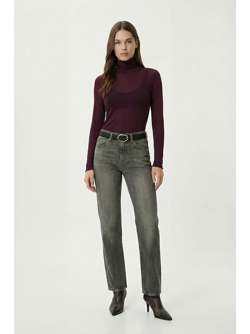 Bordo Dik Yaka Transparan Örme Bluz BORDO LZV0046-1