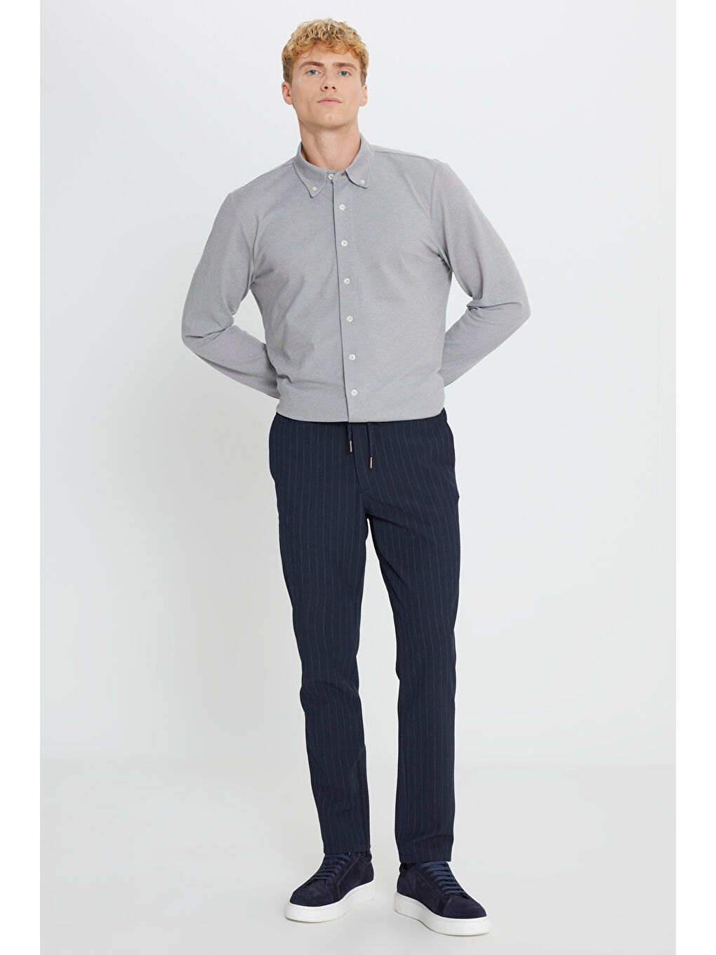 Erkek Lacivert Yumuşak Dokulu Slim Fit Beli Bağlamalı Yan Cepli Gofre Desenli Pantolon-2