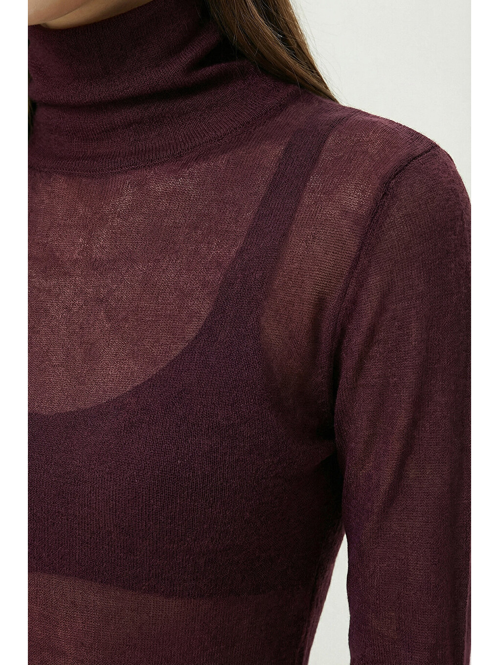 Bordo Dik Yaka Transparan Örme Bluz BORDO LZV0046-2